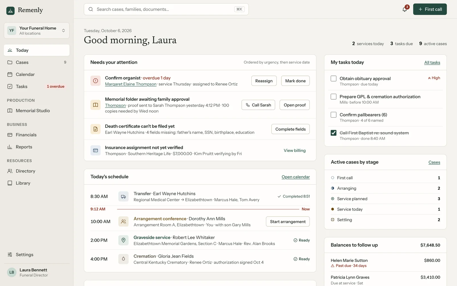 The Today screen in Remenly: what needs attention, today's schedule with a line marking the current time, my tasks, active cases by stage and balances to follow up.